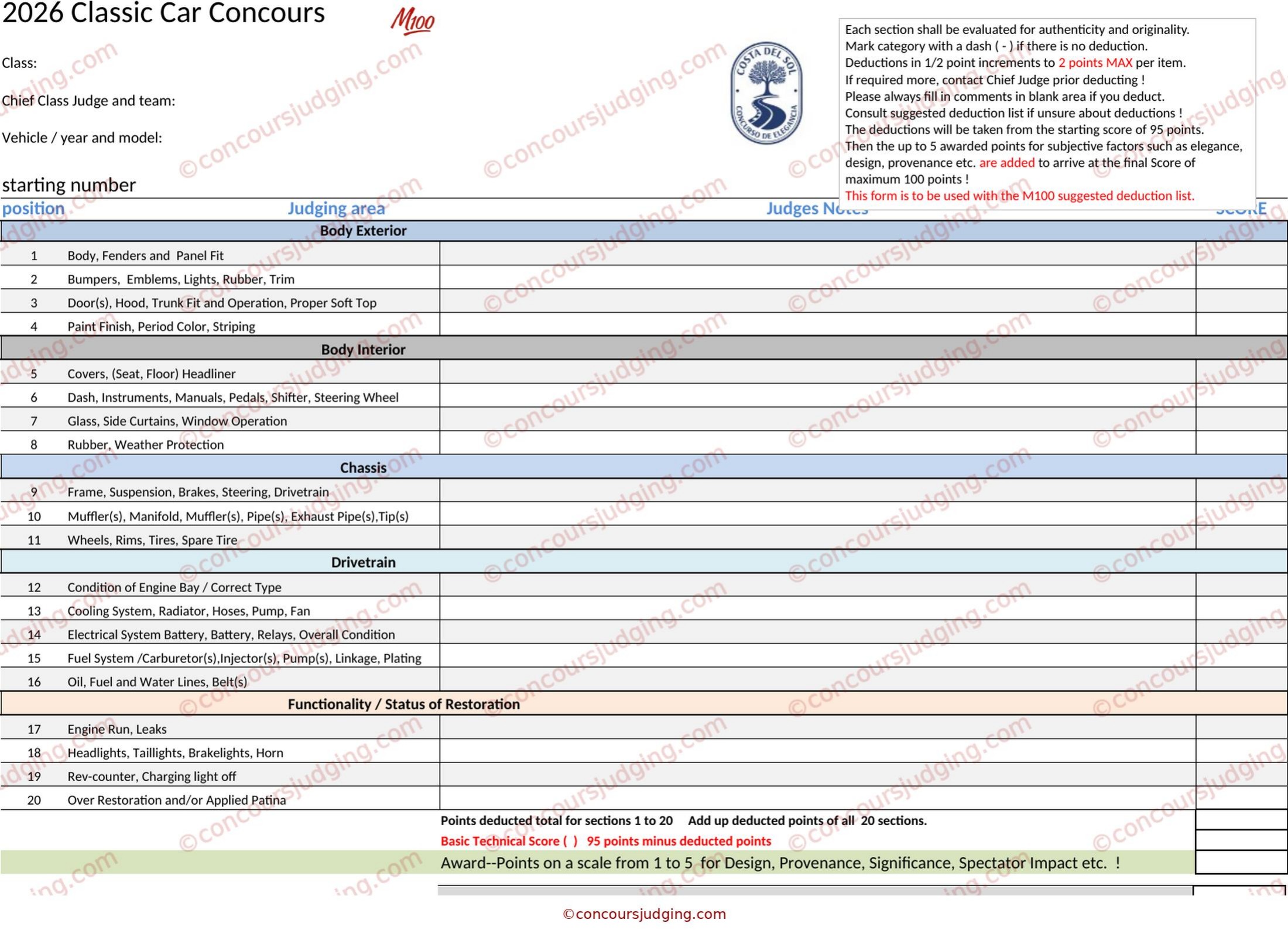 Watermarked preview of the M100 Classic Car Judging Form