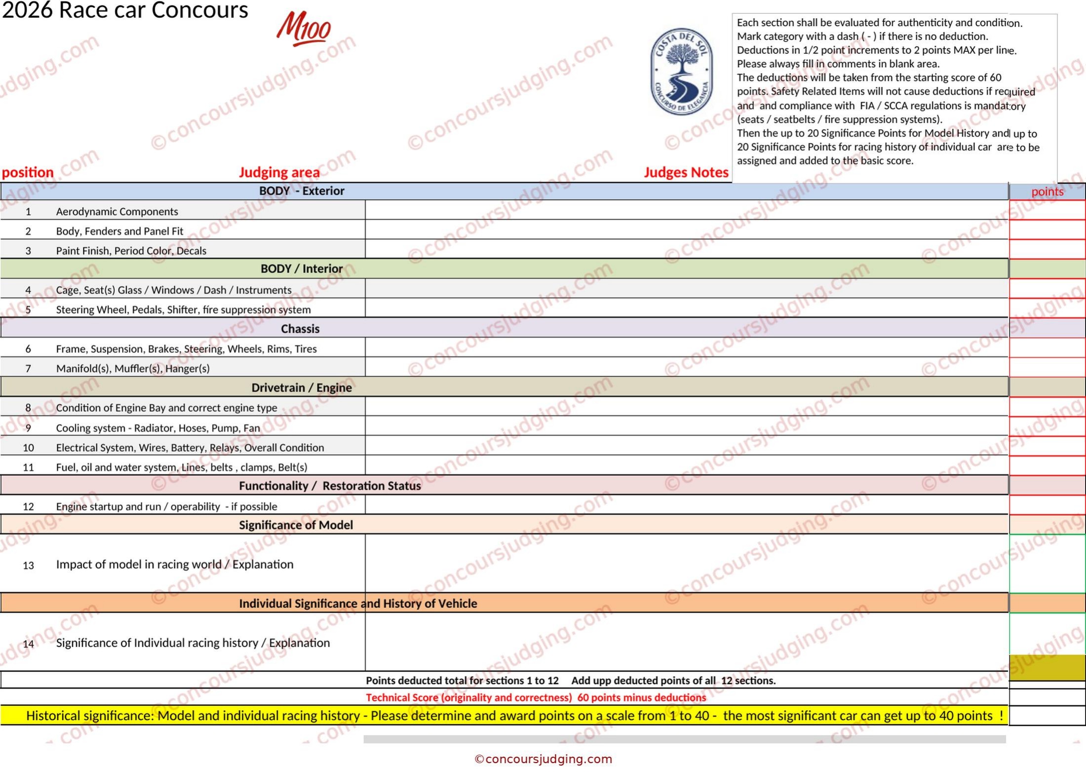 Watermarked preview of the M100 Race Car Judging Form
